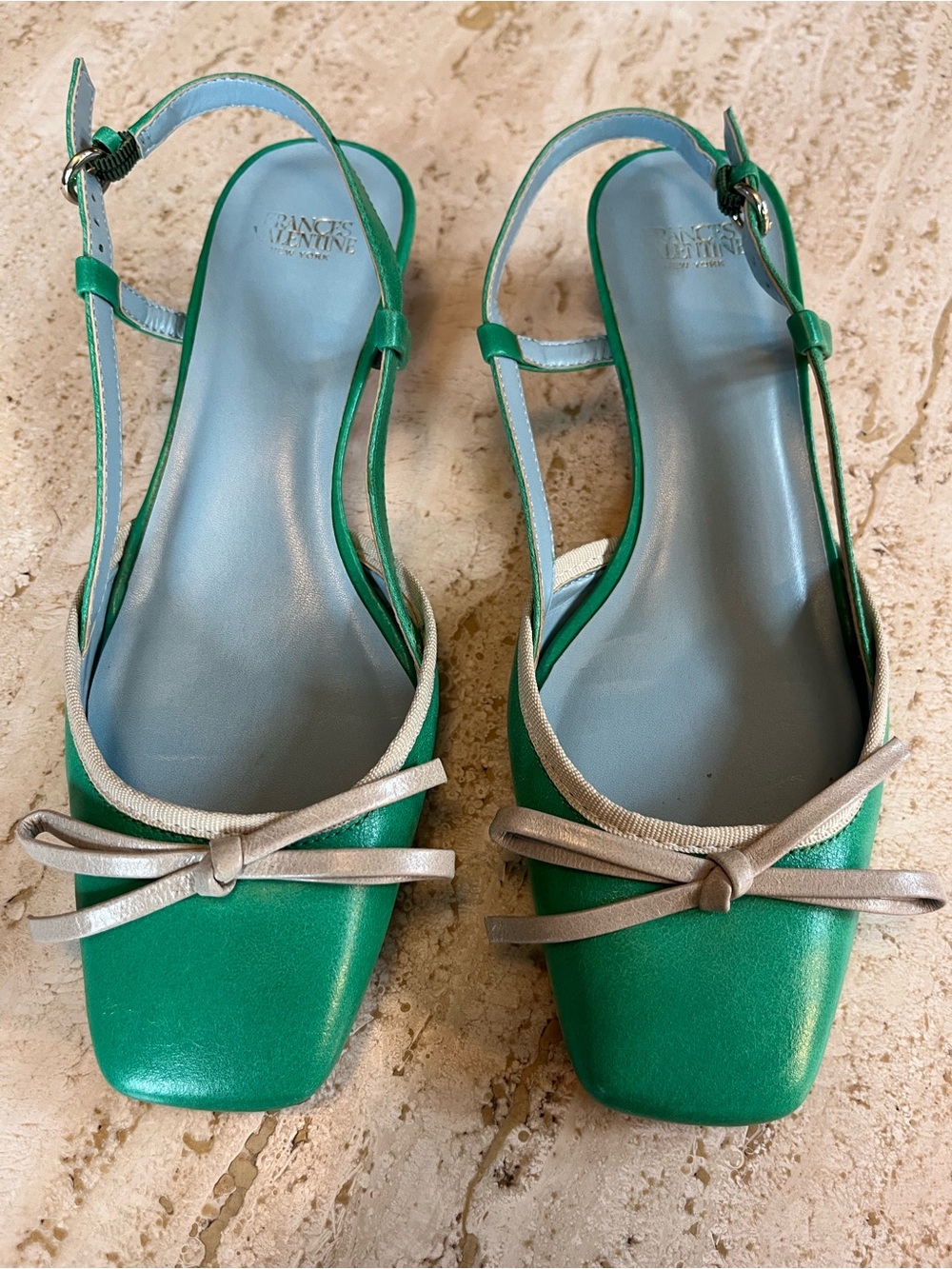 Frances Valentine | Leather Bow Slingback Pumps | Green Low Heels | Size 6B
